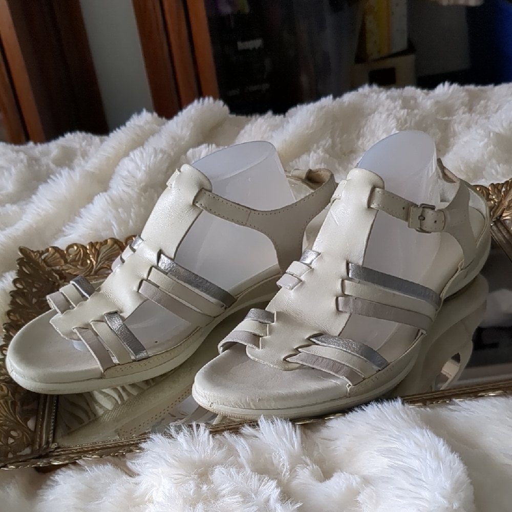 Ecco Cream and Silver Sandals with Rugged Sole